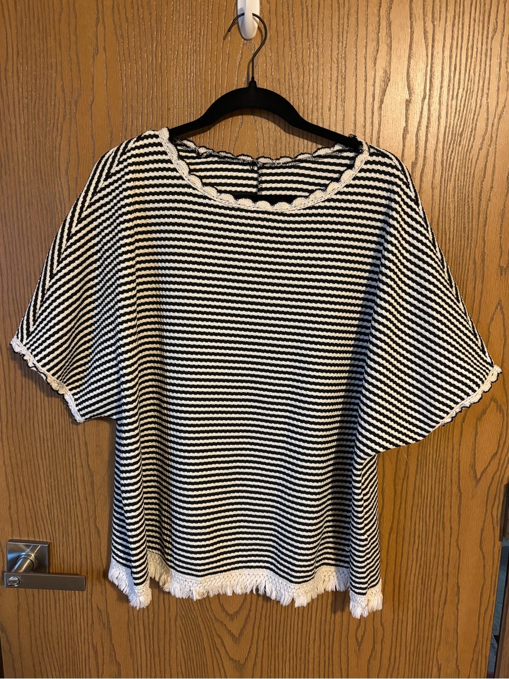 SHEIN Black & White Striped Fringe-Trim Knit Top